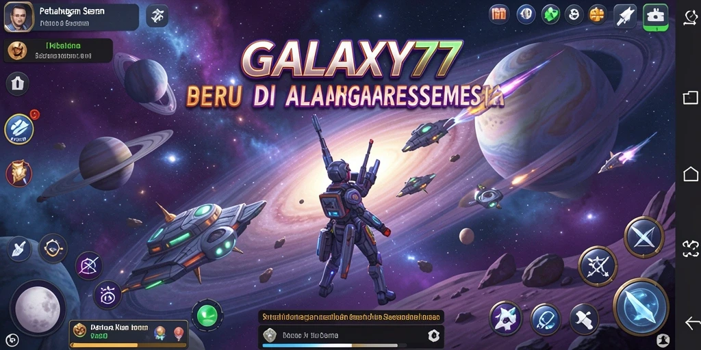 Screenshot GALAXY77 menampilkan aksi seru di luar angkasa.