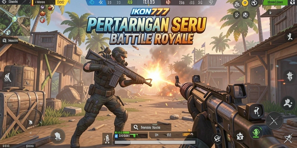Screenshot utama menunjukkan aksi seru gameplay Battle Royale di IKON777.