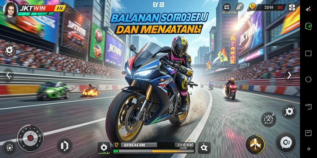 Gameplay seru JKTWIN dengan balapan motor yang menegangkan.