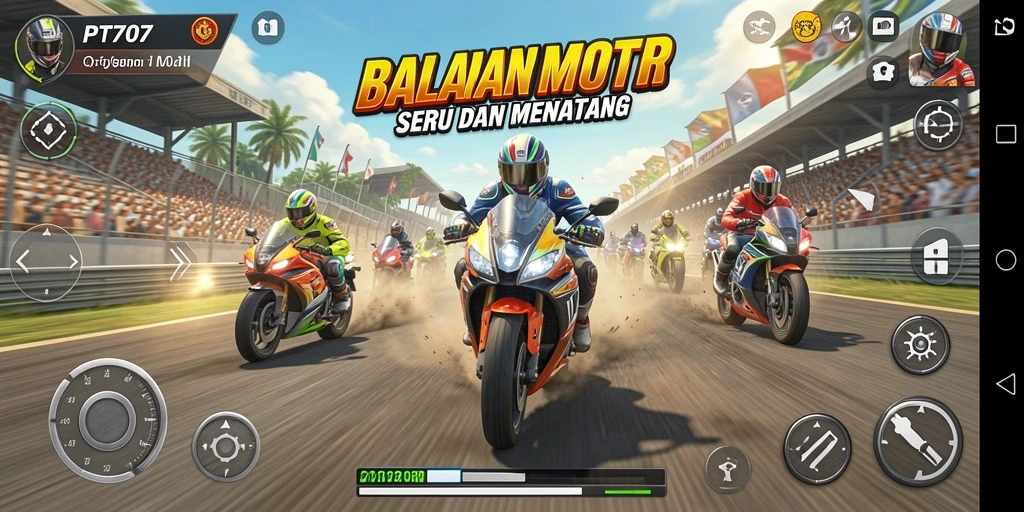 Sebuah cuplikan gameplay PT707 yang menampilkan aksi balapan motor.